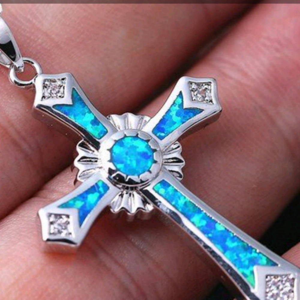 😇 Lovely Lab Created  Blue Opal Cross Necklace 😇